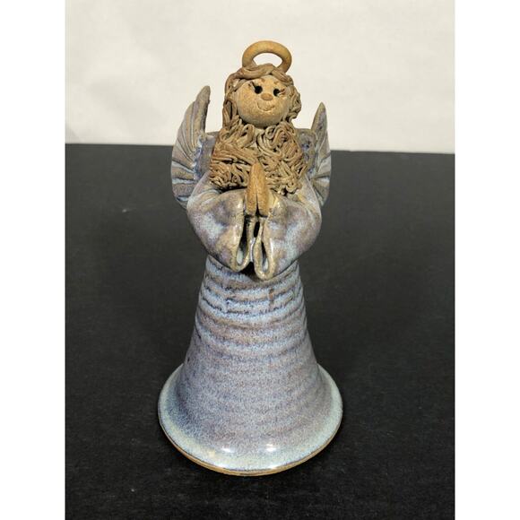 Art Pottery Bell 7" Tall Angel Light Blue Curly Hair Christmas Praying - Picture 1 of 12